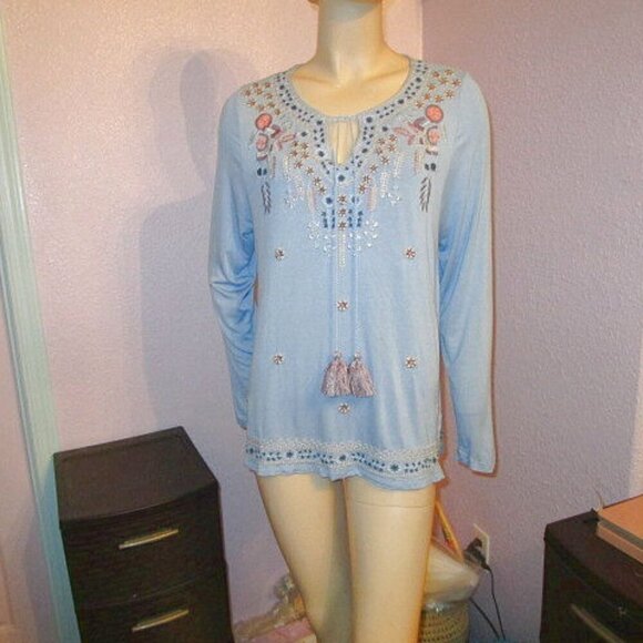 Soft Surroundings EMBROIDERED Tory Size M BLOUSE Tunic Top STRETCH Jersey BOHO - Picture 1 of 11